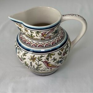 Coimbra Hand-Painted Ceramic Pitcher with Floral and Bird Motif